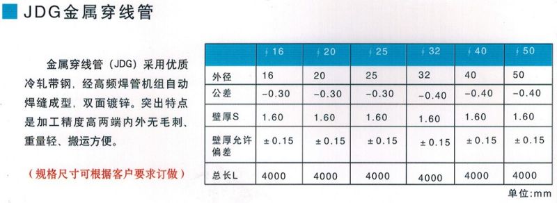 JDG金屬穿線管參數